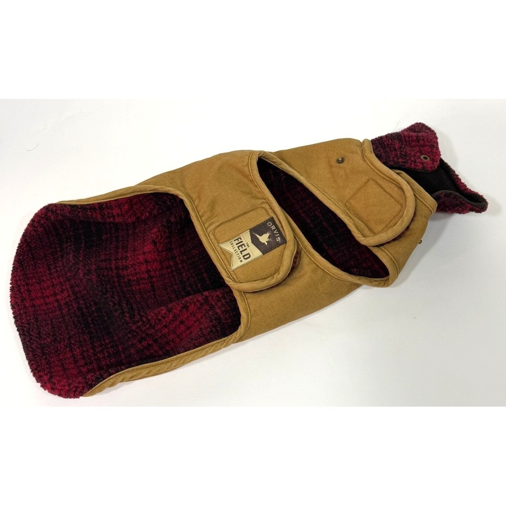 Orvis The Field Collection Dog Jacket M Tan Red Plaid Fleece Lined Cotton Canvas